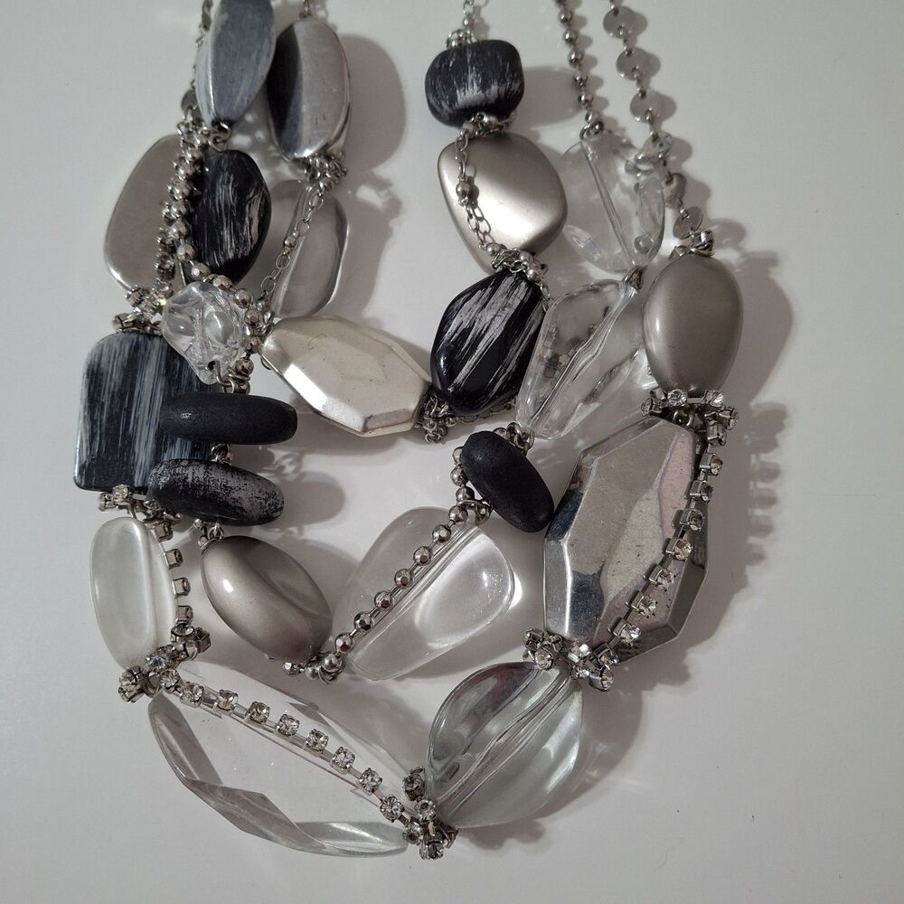 Chicos Silver Tone Clear Beaded Rhinestone Layered Chunky Statement Necklace - Picture 2 of 4